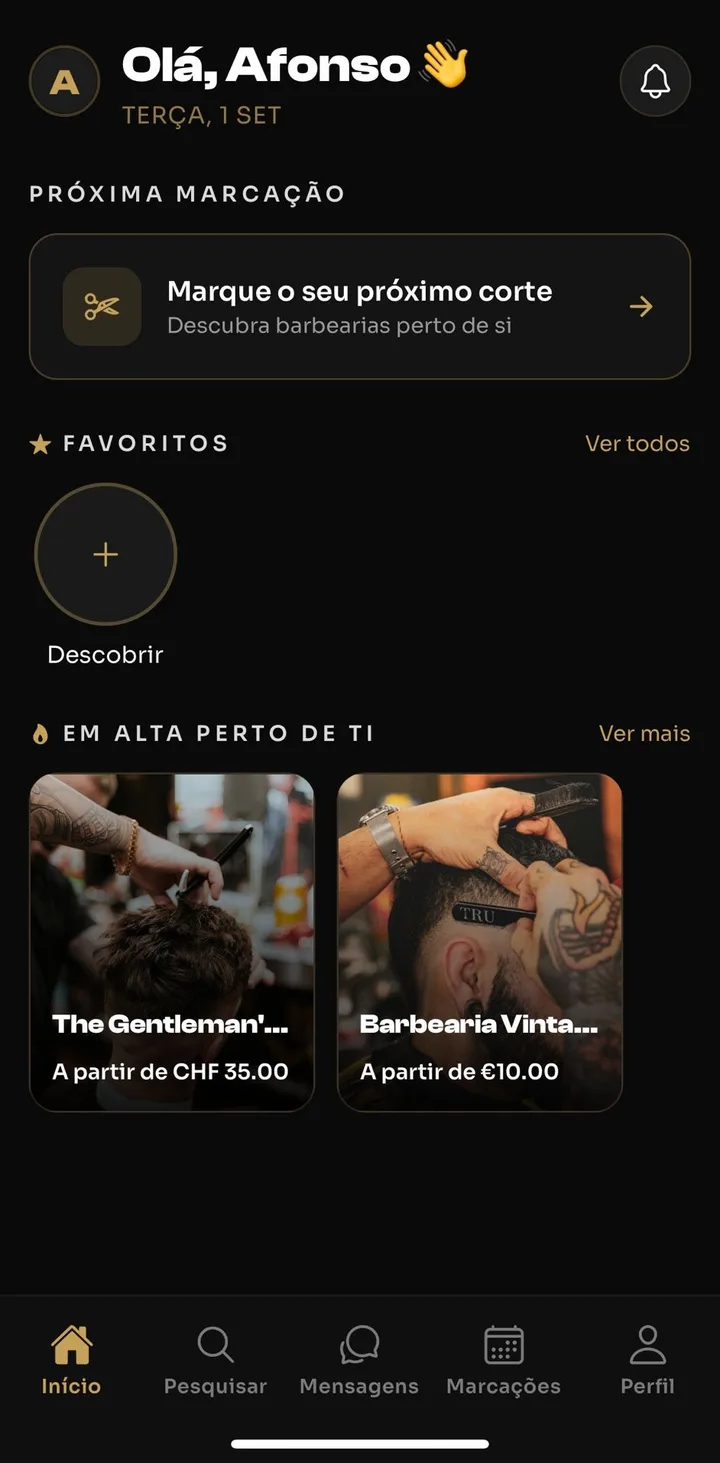 Ecrã principal da app Fadegram, com próximas marcações e barbearias em destaque