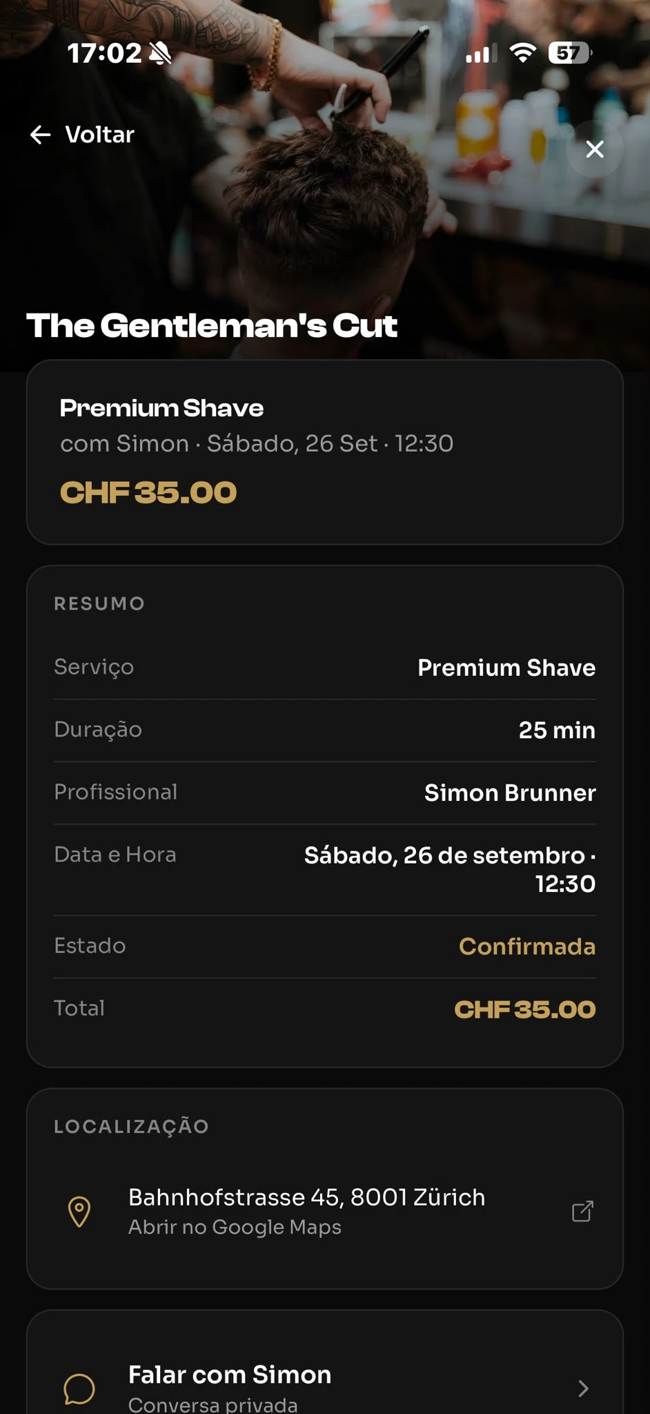 Ecrã de marcação confirmada na app Fadegram