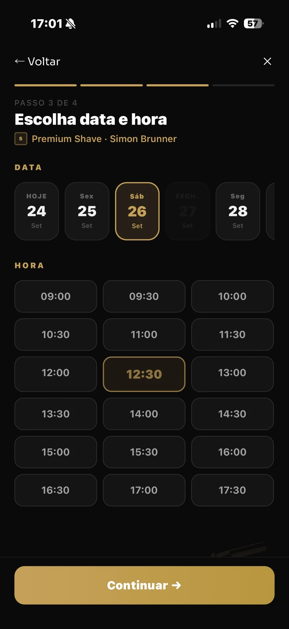 Ecrã de escolha de data e hora ao marcar um corte na app Fadegram