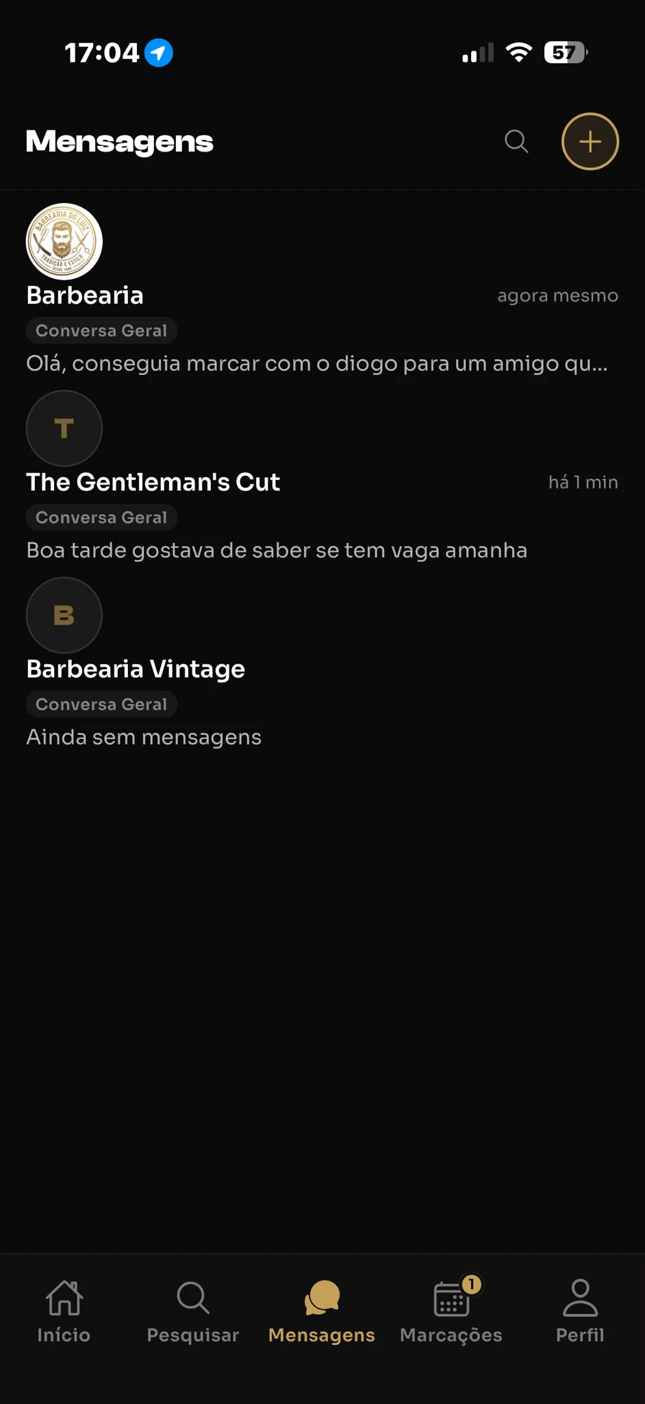 Lista de conversas entre um cliente e barbearias na app Fadegram