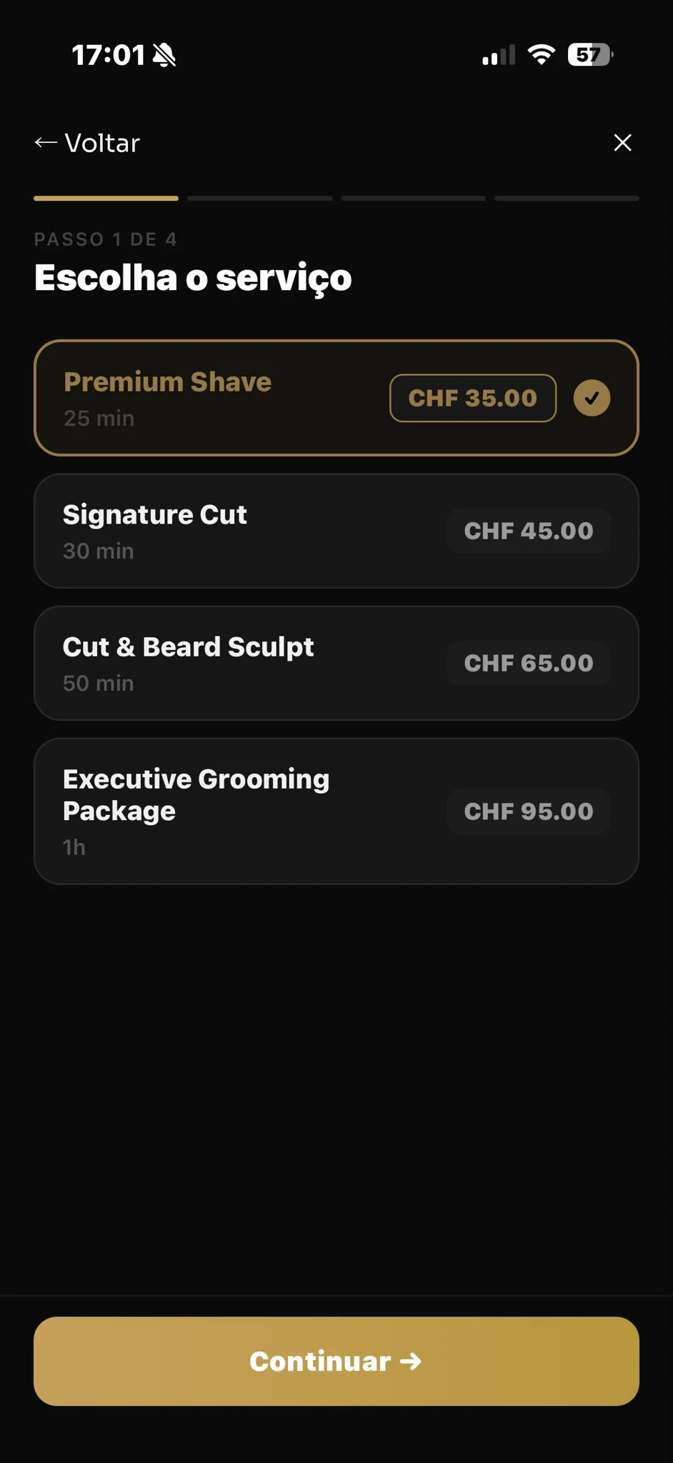 Ecrã de escolha de serviço ao marcar um corte na app Fadegram